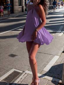 Vestito corto da donna con scollo a V profondo, spalline sottili, schiena scoperta, linea ad A, balze sul fondo, adatto per vacanze, strada e stile tropicale, primavera/estate