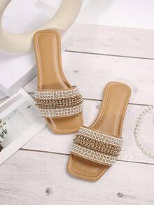 Size 41 Women Plus Size Yellow Slide Sandals, Square Toe Flat Sandals For Spring/Summer, Rhinestone Decor Strap Flip Flops, Fashion Beach/Home Slippers, Size 42/43 - Yellow - View 5
