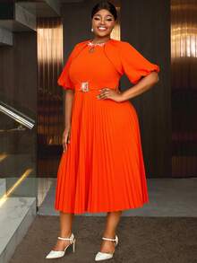 Eleganckie sukienki plisowane w kształcie litery A z koralikami, rękawy w kształcie latarni, klamra diamentowa, krzywa, kobiety, urodziny - Pomarańczowy - Zobacz 5