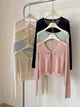 1pc Lightweight New Chinese Style Knit Short Cardigan For Women, Black, White, Apricot, Pink, Green, Long Sleeve, Shawl For Dress