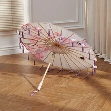 Retro Chinese Umbrella With Tassels Floral/Animal Print Silk Parasol Umbrella Photography Props - White - View 3
