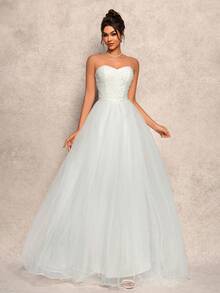 Women's Elegant Strapless Rhinestone Decor Net Hem Mini Wedding Dress - White - View 2