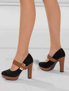 Ladies' Elegant Thick Heel High Heels, Elegant Solid Color Mary Jane Shoulder Strap Casual Shoes, Comfortable Office Shoes - màu đen - Xem 4
