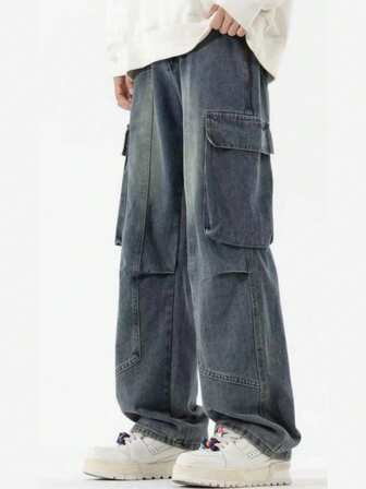 Jeans cargo bleu délavé multi-poches pour adolescents garçons, pantalon casual ample à jambe droite pour le printemps et l'automne