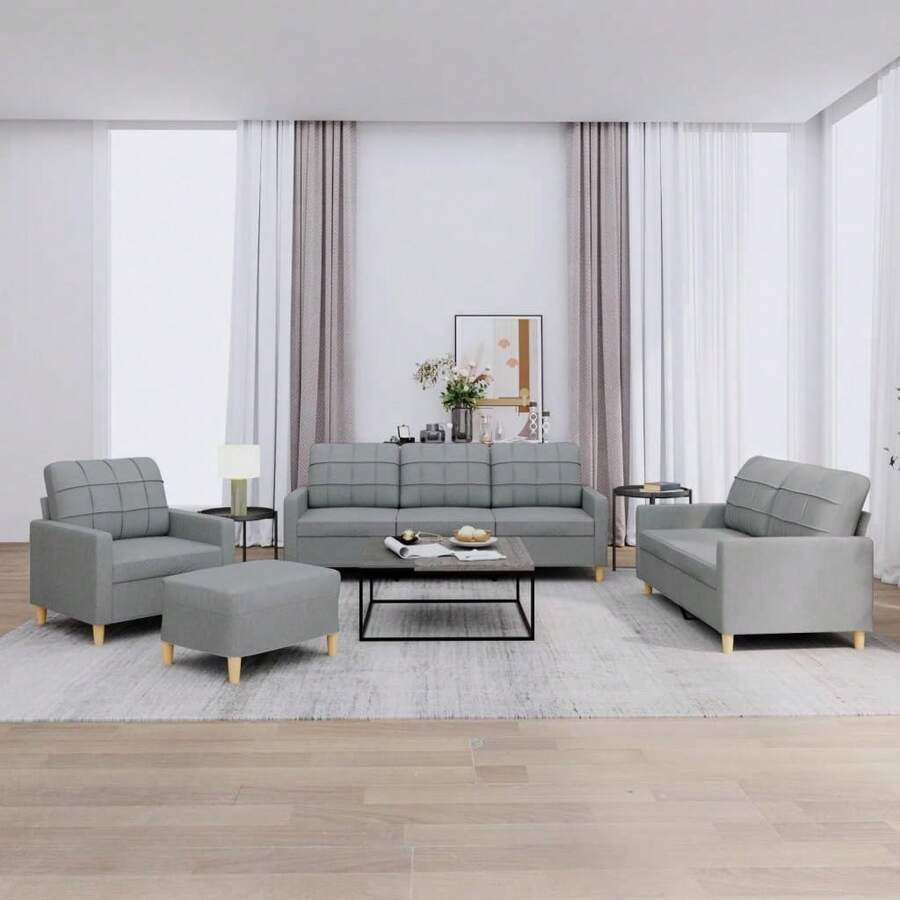 vidaXL Set di Divani 4 pz con Cuscini Grigio Chiaro in Tessuto - Grigio - Visualizzare 1