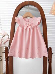 Baby Girls Minimal Cute Cap Sleeve Solid Color Bowknot Embroidery Dress - Pink - View 1