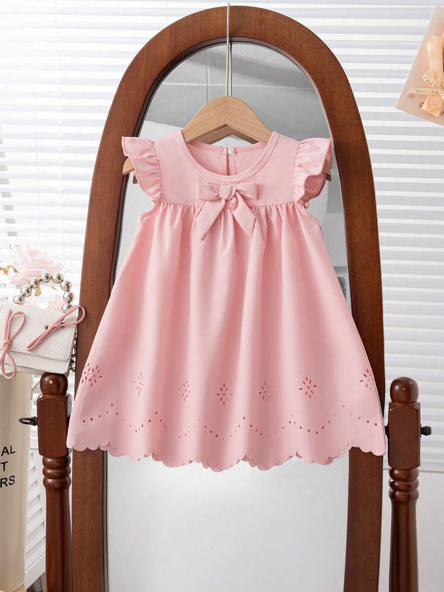 Baby Girls Minimal Cute Cap Sleeve Solid Color Bowknot Embroidery Dress - Pink - View 1