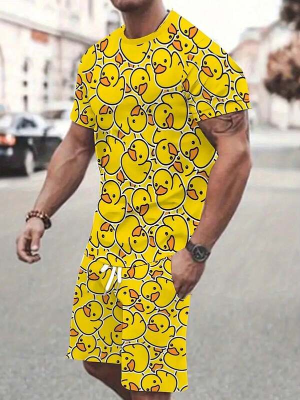 Terno casual de verão masculino - combinação de camiseta e shorts com estampa de pato de desenho animado, poliéster respirável, lavável à máquina
