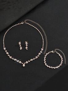 1 Set Minimalist Flower Crystal Decor Adjustable Choker Necklace + 1 Pair High-End Pendant Earrings + 1 Geometric Crystal Bridal Necklace - Fashion Elegant Bridal Jewelry Set For Daily, Ball, Banquet, Party, Wedding, Photography - Gold - View 6