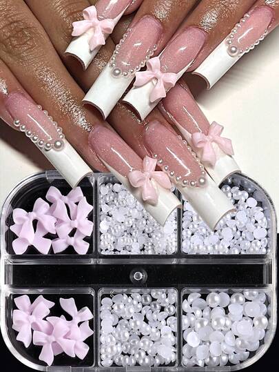 6 格蝴蝶结仿珍珠美甲饰品，可爱美甲宝石混合仿珍珠卡哇伊美甲装饰美甲用品 DIY 美甲饰品美甲宝石