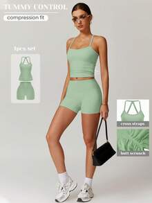 VVX Women's 2 Piece Outfits Casual Sets Ruched Camisole Tops And High Waisted Shorts/Pants Leggings Tracksuit Sets - 綠色 - 查看 1