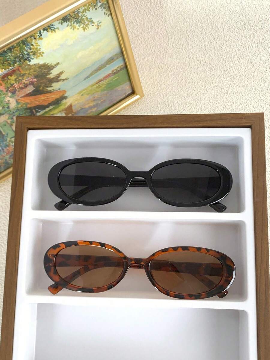 2 件椭圆形女士时尚眼镜，全新 Y2K 小框款式，适合夏季海滩度假、户外、旅行学院风，适合返校 - 2PC(黑灰 紅豆花茶片) - 查看 1