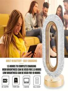 1 pieza Lámpara de mesa ovalada de cristal de lujo, lámpara de carga USB mini para oficina, dormitorio, estudio, sala de lectura y sala de estar, lámpara de noche decorativa de escritorio redonda, mejor regalo, luz ambiental para el hogar, lámpara de mesa, fiesta, vacaciones - Multicolor - Ver 9
