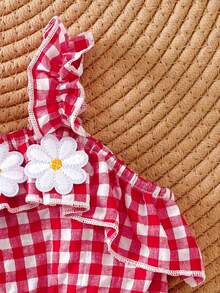 Set di top a canotta a quadri carino e pantaloncini con fiocco per neonate, adatto per uso esterno in primavera/estate - Rosso - Visualizzare 7
