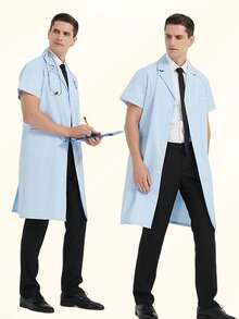 Bata de laboratorio/uniforme médico de manga larga para hombres con cuello y múltiples bolsillos, ropa de trabajo conjunto uniforme de hombre con parte superior de manga largas unicolor - Celeste - Ver 2