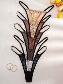 5 条女士纯色蕾丝边舒适丁字裤 - 彩色 - 查看 3