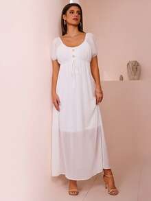 Women's Solid Color Short Sleeve Dress With High Waist, Summer - Apricot - View 3