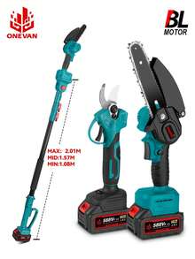 ONEVAN Brushless Telescoping Pole Saw & Pruning Shears Set,Electric Chainsaw 3 In 1 Cordless Electric Saw Scissors Secateurs Garden Pruning Tool Set Tools