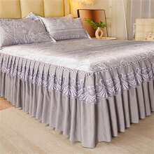 3 件套凉爽床裙套装（包括 1 条床裙 + 2 个枕套），蕾丝边印花冰丝床裙，夏季舒适防滑床上用品装饰，适用于卧室和客房，可机洗，四季皆宜 - 時尚之約 - 查看 4