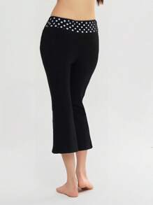 Womens Capri Pants Leggings Low Waist Dots Print Slim Fit Flare Pants Pull-On Trousers