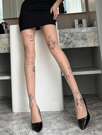 新款莲花印花连裤袜，超薄紧身裤，杏色，时尚夜店风，适合电子女孩穿着，舒适透气