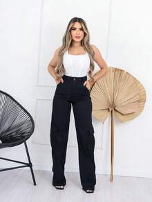 Women's Wide Leg Cargo Jeans Thick Fabric High Waist - Black - View 1