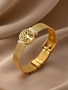 1 件可调节不锈钢网链手链，带金铜心、海豚、生命之树、吊饰，适合女性、情人节、母亲节礼物 - 金黃色 - 查看 17