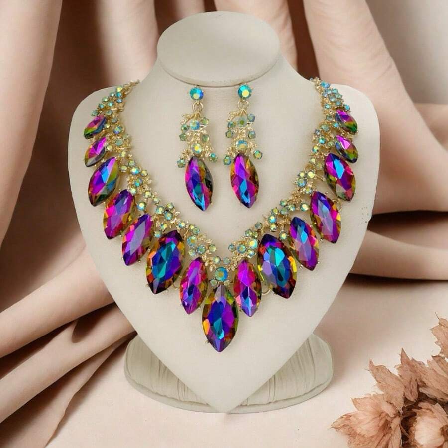 1套女士陳述裝飾項鍊及耳環套裝,多巴胺色短粗頸鏈水晶雞尾酒婚禮項鍊 - 藍色 - 查看 1