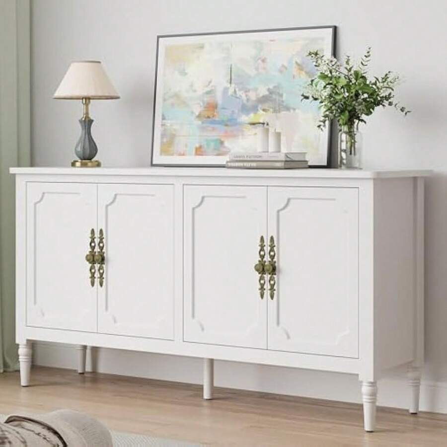 SUNVIVI Sideboard With 4 Doors, Mid-Century Console Table With Adjustable Shelves, Accent Cabinet For Entryway, Living Room, Dining Room - 1White - View 1
