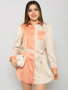 Camisa larga casual de color combinado con bordado de moda - Naranja - Ver 1