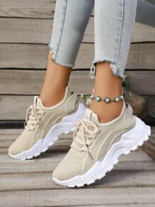 Thick Sole Beige Casual Sports Shoes, Round Toe Lace-Up Knitted Mesh Breathable Flat Light Weight Running Sneakers, All Season