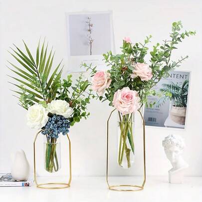 1pc Metal Flower Stand With Transparent Glass Vase, Minimalist Modern Creative Home Floral Hydroponic Decor Home Decor Back To School Room Decor School Supplies Flower Vase