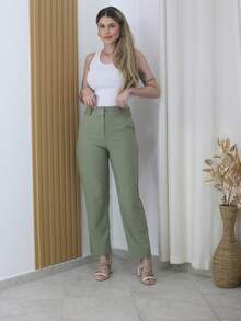 Women's Refreshing Plain Tailored Trousers With Button - Maxma 6631 - Green - View 2