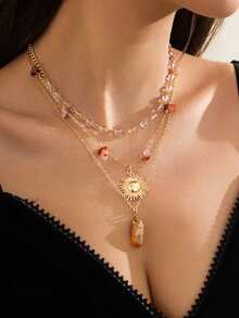 3pcs Asymmetrical Color Random Beaded Necklace, Multi-Layer Sun Pendant Tassel Necklace, Fashionable Design Suitable For Party, Gift, Daily Wear - Multicolor - View 2