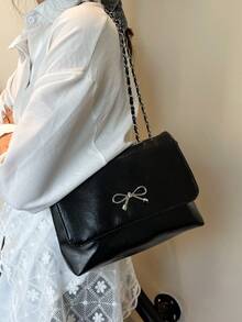1pc PU Solid Color Square Quilted Closure Shoulder Bag, Large Capacity, Casual Commute Work School Student Crossbody Bag, Fashion Chain Bowknot Underarm Vintage Style, Elegant For Women, Daily Use Gift - Black - View 6