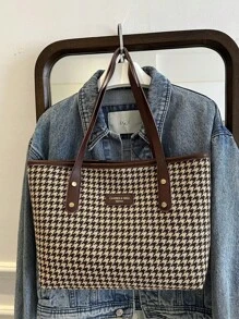 1 pezzo Borsa a tracolla grande in nylon marrone liscio, con cerniera, design con lettera, motivo pied-de-poule, decorata con rivetti, versatile e casual, adatta per uso quotidiano delle donne