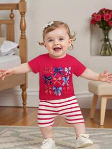 Kids Toddler Girl 4th Of July Patriotic T-Shirt Infant Girls Bow Print Tops Crew Neck Short Sleeve Casual Summer Tops For Girls - Red - View 2