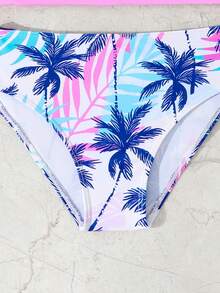 Young Girl Palm Tree Digital Print Insert Sleeve Top And Bottom Swimsuit Set - Pink - View 5