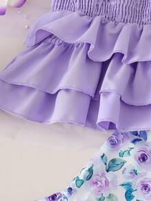 2 件套 全新夏季新生儿女孩吊带蛋糕裙 配套喇叭裤套装 - 紫色 - 查看 4