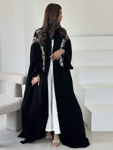 女款黑色刺繡長袍外套，Ins風復古刺繡長款長袍 - 黑色 - 查看 2