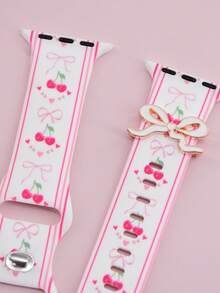 1条樱桃蝴蝶结硅胶智能手表表带，兼容 49/46/45/44/42/41/40/38mm，时尚印花表带搭配白色蝴蝶结吊坠，优雅腕带，适用于 Series 10、Ultra、2-9、8、7、6、5、4、3、2、SE，兼容配件