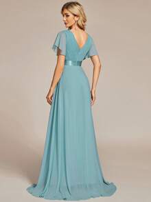 EVERPRETTY Váy phù dâu tay cánh bướm xếp nếp cổ chữ V thanh lịch - Màu xanh Cadet - Xem 2