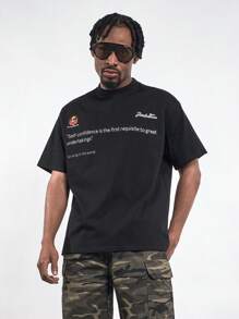MT99 Amerykański napis Letter Print Okrągły Dekolt Szybko Schnący Oddychający T-shirt, Modny Ciężki Casual Top, Kolor Czarny