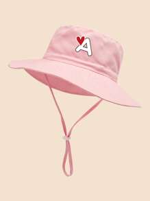 1 pezzo Cappello da sole per bambini con stampa a cuori e lettere, con cordino regolabile antivento, stile casual, cappello secchiello per neonati, adatto per attività all'aperto, spiaggia, protezione dal sole