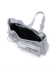 日本新款Y2K时尚购物休闲简约街头通勤大容量女大学生油蜡皮透明徽章包多功能单肩包斜挎包可放粒面可挂钥匙扣可放明信片 - 銀色 - 查看 6