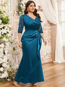 Đầm dạ hội dáng đuôi cá bằng satin phối ren hoa đính sequin cổ chữ V, cỡ lớn, thích hợp cho các dịp trang trọng, mùa đông, ngày Valentine, dự đám cưới, lễ tốt nghiệp, tiệc gala, v.v. Sang trọng mùa xuân - Màu xanh bụi bặm - Xem 6