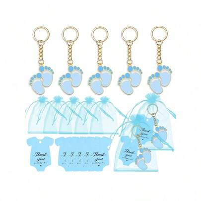 10 套/30 件粉色/蓝色脚和牛奶瓶钥匙扣，配雪纺袋和感谢标签，婴儿洗礼/送礼会装饰品，新妈妈礼物