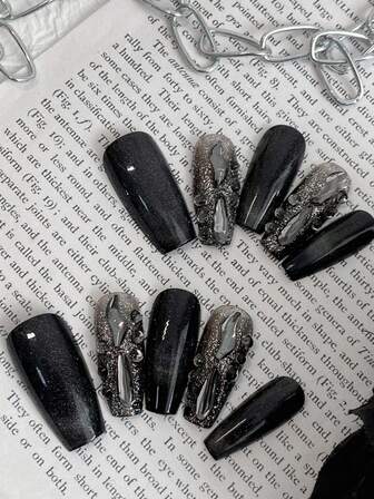 10-Piece Pressing Long Nails,Fake Nails, Jump Color Cat Eye Nail Art Black Cat Eye DIY Pattern Design Jewelry, Gray Diamond Accessories Silver Glitter Powder Nail Art Jewelry Black Removable And Reusable Nail Supplies, Nail Powder, Nail Glitter Is Suitable For Girls And Ladies In Weddings, Stages, Dances, And Party Scenes, With One Piece Of Jelly Glue And One Piece Of Rubbing Strip