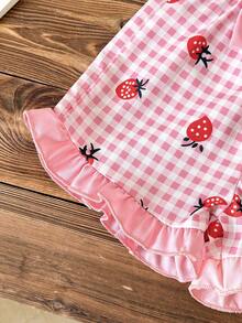 Baby Girl 2Pcs Set Gingham Strawberry Print Sleeveless Ruffle Top & Shorts, Spring/Summer - Pink - View 7