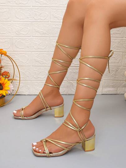 Gold High Heels Sandals, Criss-Cross Strappy Roman Style Sexy Open Toe Chunky Heels, Fashionable Versatile Ladies Shoes